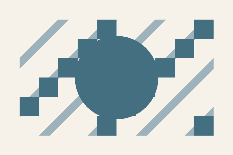 Abstract geometric shapes in an editorial colour palette.